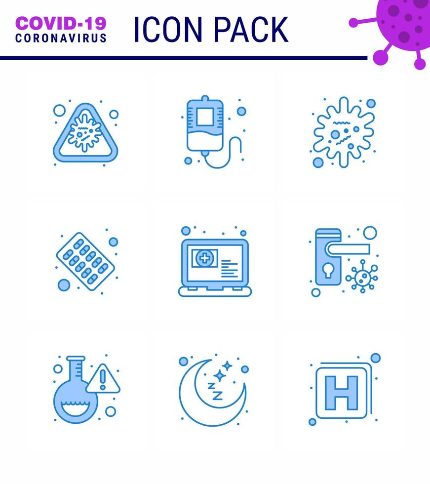 Coronavirus Prevention Set Icons 9 Blue icon such as online medicine antigen pills capsule viral coronavirus 2019nov disease Vector Design Elements