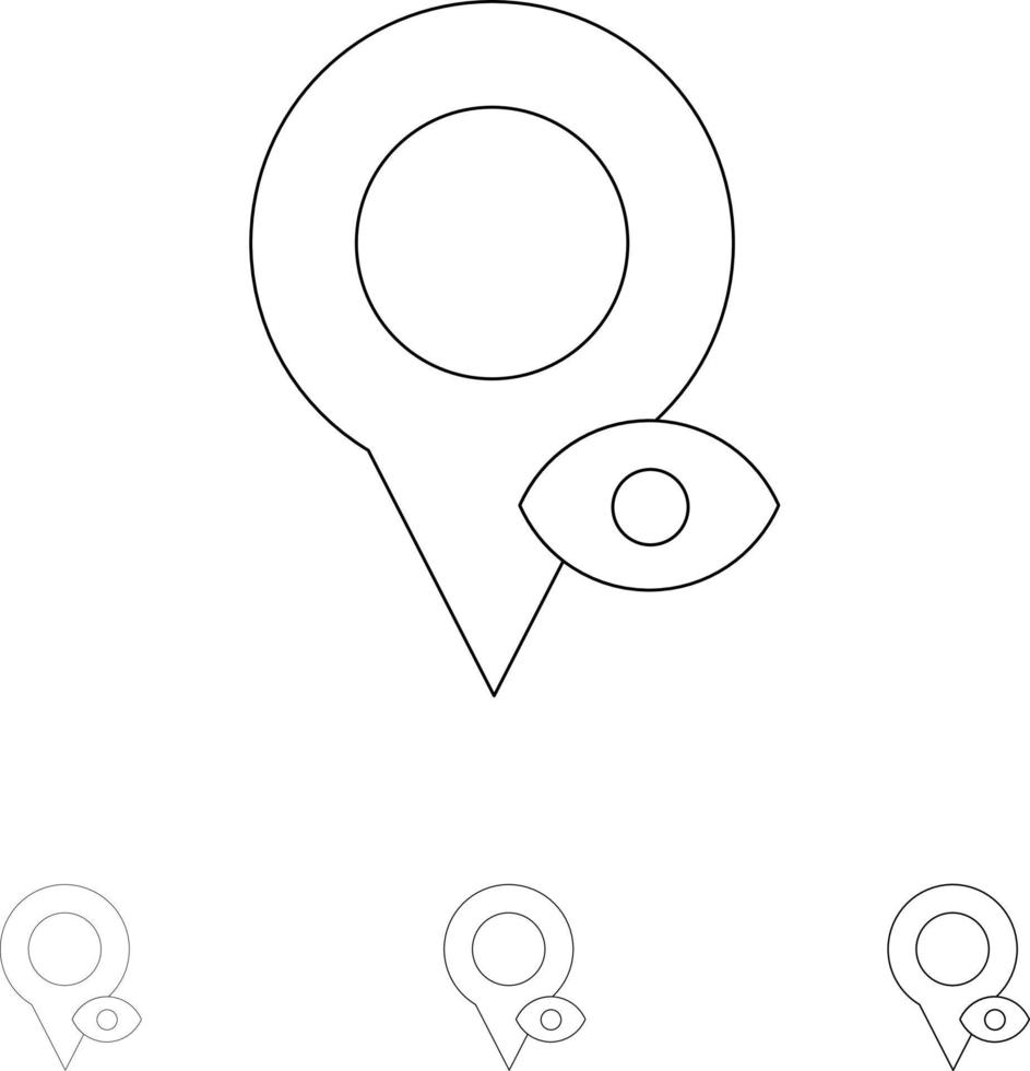 conjunto de iconos de línea negra delgada y negrita del puntero del mapa de ubicación del ojo vector