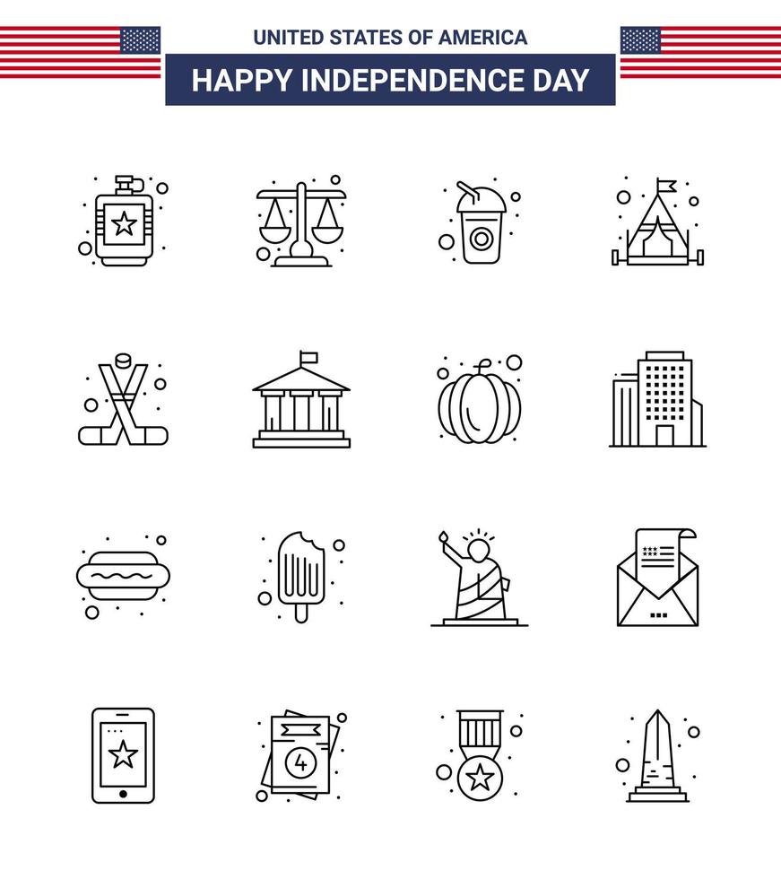 Set of 16 USA Day Icons American Symbols Independence Day Signs for ice hockey tent scale camping soda Editable USA Day Vector Design Elements