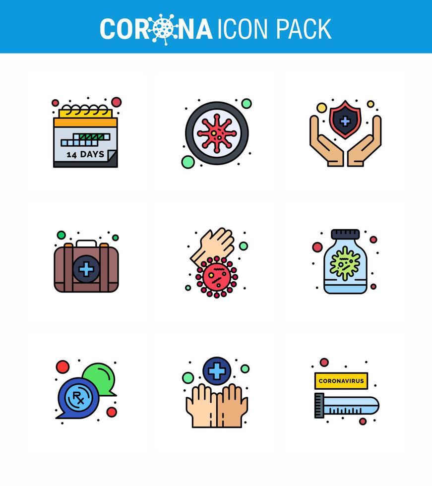 Coronavirus Precaution Tips icon for healthcare guidelines presentation 9 Filled Line Flat Color icon pack such as covid bacteria medical case kit viral coronavirus 2019nov disease Vector Design