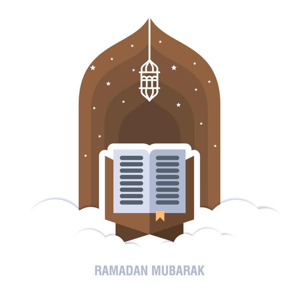 Ramadan Kareem islamic design crescent moon and mosque dome silhouette with arabic pattern and calligraphy vector