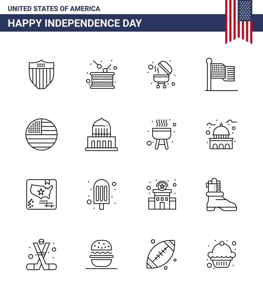 Group of 16 Lines Set for Independence day of United States of America such as city usa independence thanksgiving american Editable USA Day Vector Design Elements