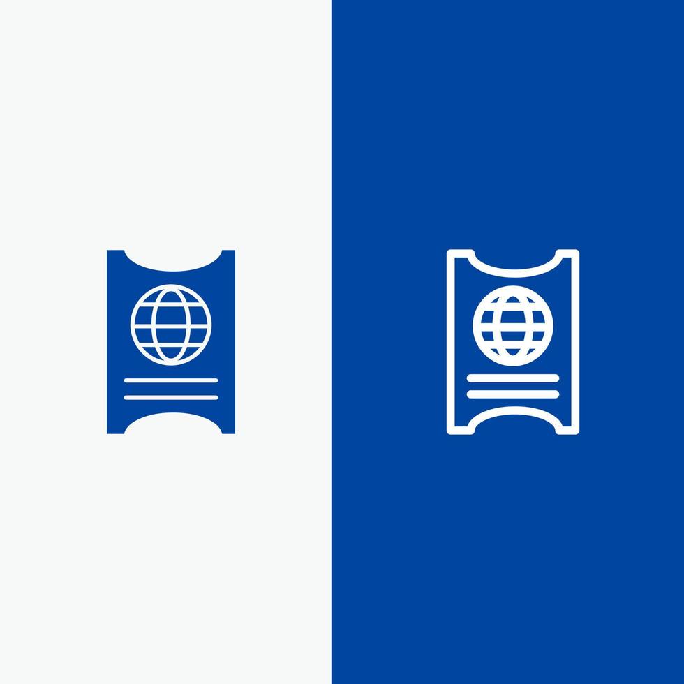 pase pasaporte boleto línea de hotel y glifo icono sólido banner azul vector