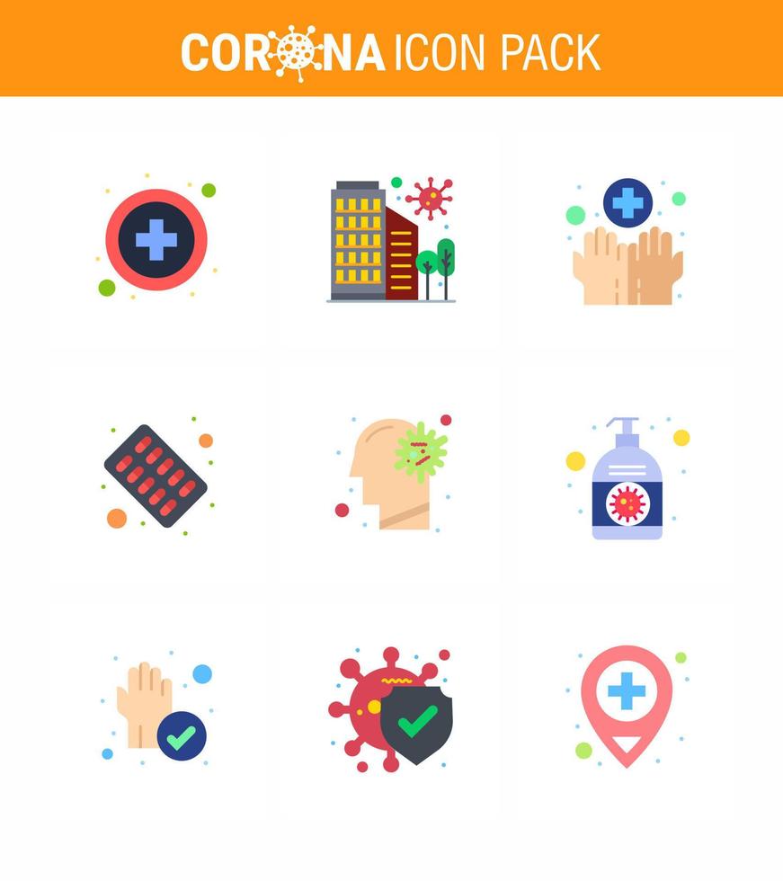 CORONAVIRUS 9 Flat Color Icon set on the theme of Corona epidemic contains icons such as cold pills virus medical washing viral coronavirus 2019nov disease Vector Design Elements