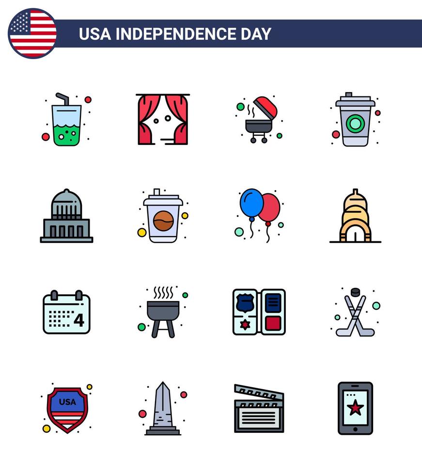 Modern Set of 16 Flat Filled Lines and symbols on USA Independence Day such as usa city barbecue building cola Editable USA Day Vector Design Elements