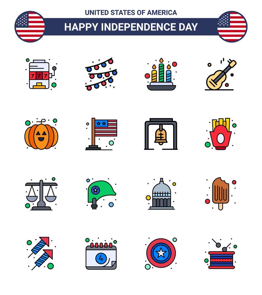 conjunto de 16 iconos del día de los ee.uu. símbolos americanos signos del día de la independencia para el país calabaza fuego comida ee.uu. elementos de diseño vectorial editables del día de los ee.uu. vector