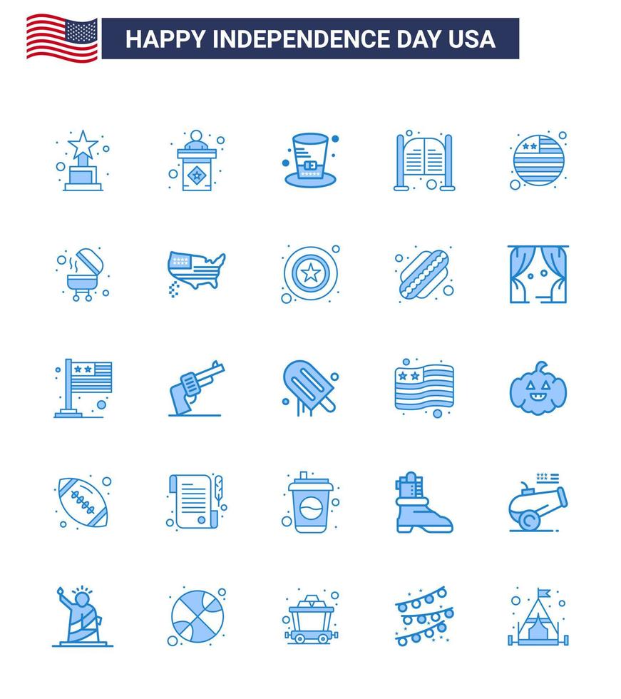 USA Happy Independence DayPictogram Set of 25 Simple Blues of flag entrance hat day doors Editable USA Day Vector Design Elements