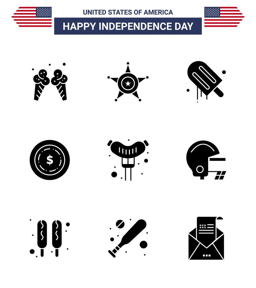 9 Solid Glyph Signs for USA Independence Day sausage food icecream maony american Editable USA Day Vector Design Elements
