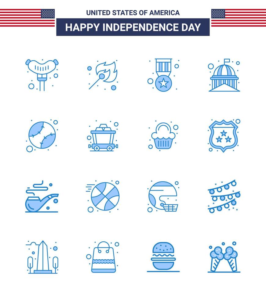 Modern Set of 16 Blues and symbols on USA Independence Day such as baseball white badge usa house Editable USA Day Vector Design Elements