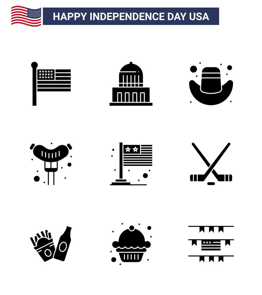 USA Independence Day Solid Glyph Set of 9 USA Pictograms of usa flag american country frankfurter Editable USA Day Vector Design Elements