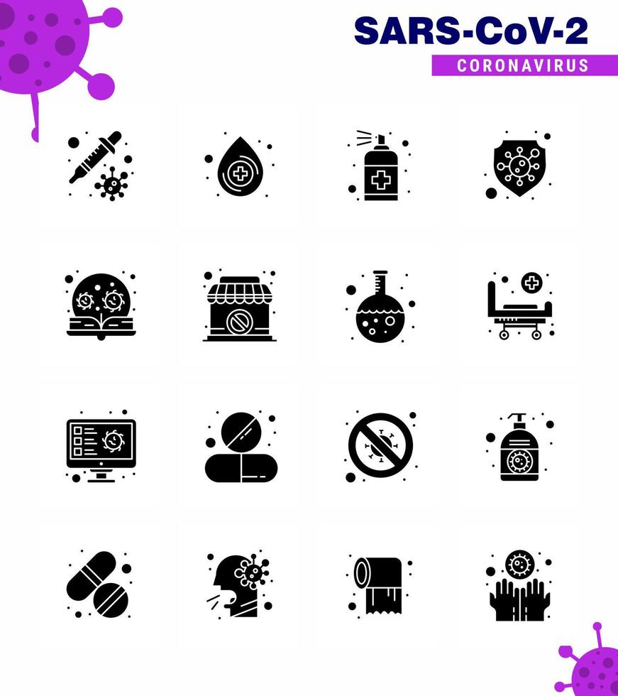 16 Solid Glyph Black viral Virus corona icon pack such as learning virus bottle shield protection viral coronavirus 2019nov disease Vector Design Elements