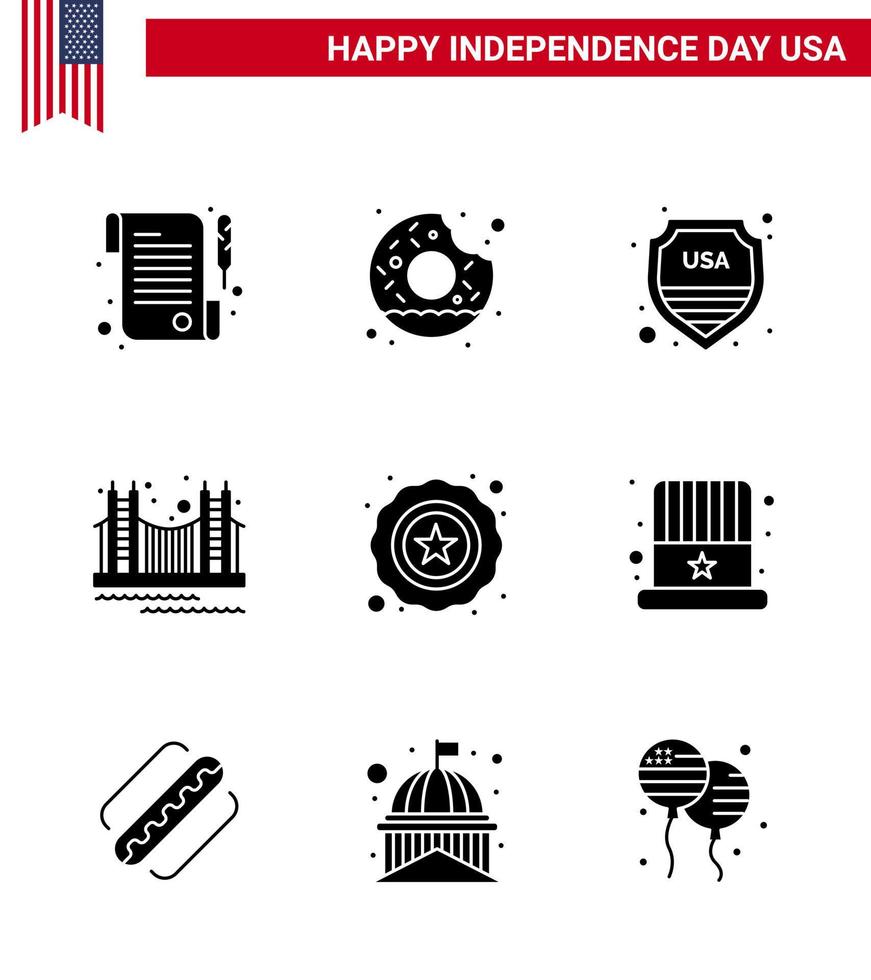 Set of 9 Modern Solid Glyphs pack on USA Independence Day police tourism shield landmark gate Editable USA Day Vector Design Elements