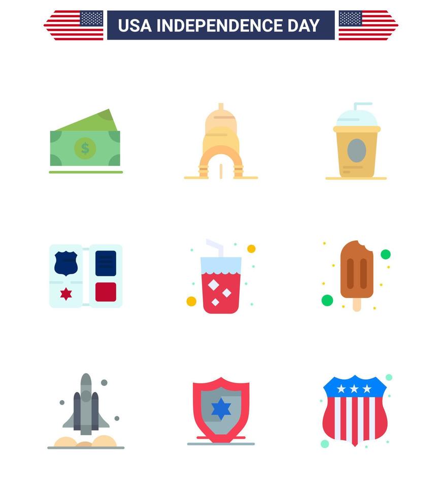 Pack of 9 USA Independence Day Celebration Flats Signs and 4th July Symbols such as drink star cole american book Editable USA Day Vector Design Elements
