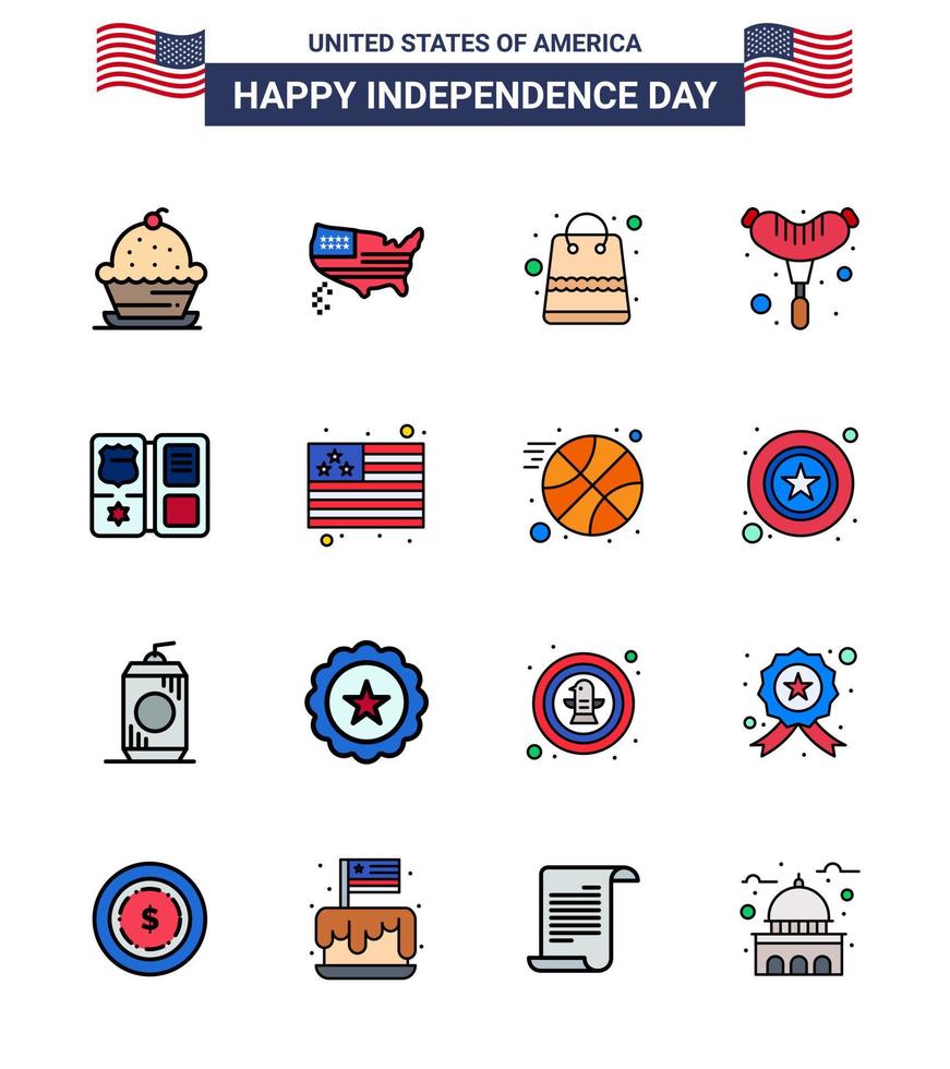 paquete de 16 creativos estados unidos día de la independencia relacionados con líneas planas rellenas de escudo salchicha usa frankfurter tienda elementos editables de diseño vectorial del día de estados unidos vector