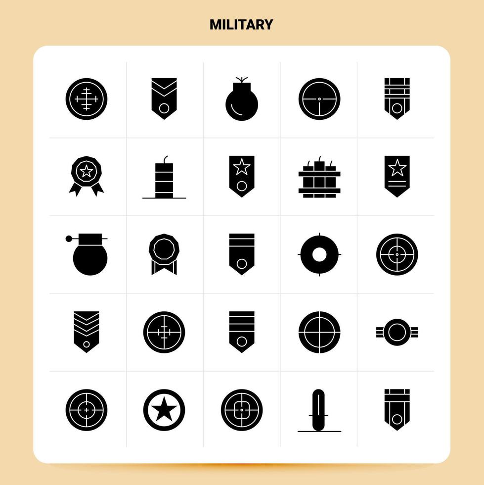 Solid 25 Military Icon set Vector Glyph Style Design Black Icons Set Web and Mobile Business ideas design Vector Illustration