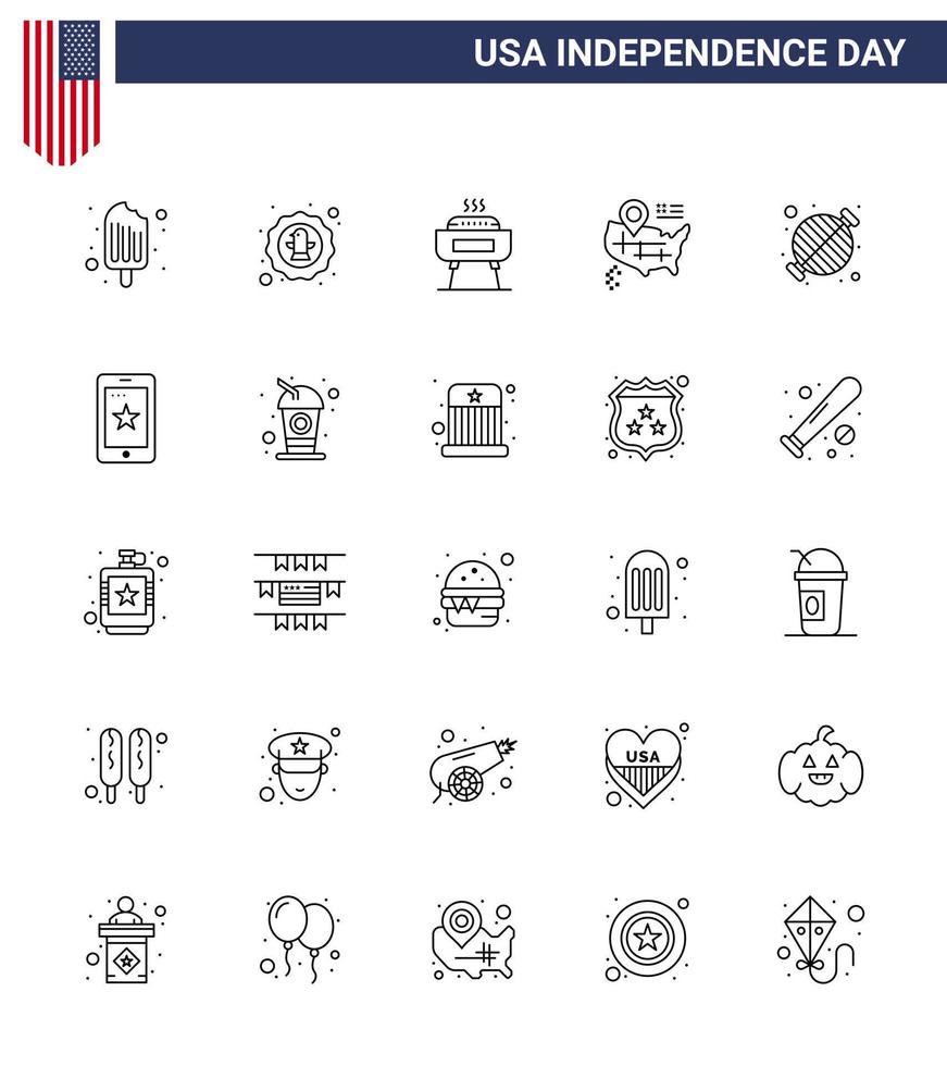 25 USA Line Signs Independence Day Celebration Symbols of barbecue american badge map holiday Editable USA Day Vector Design Elements