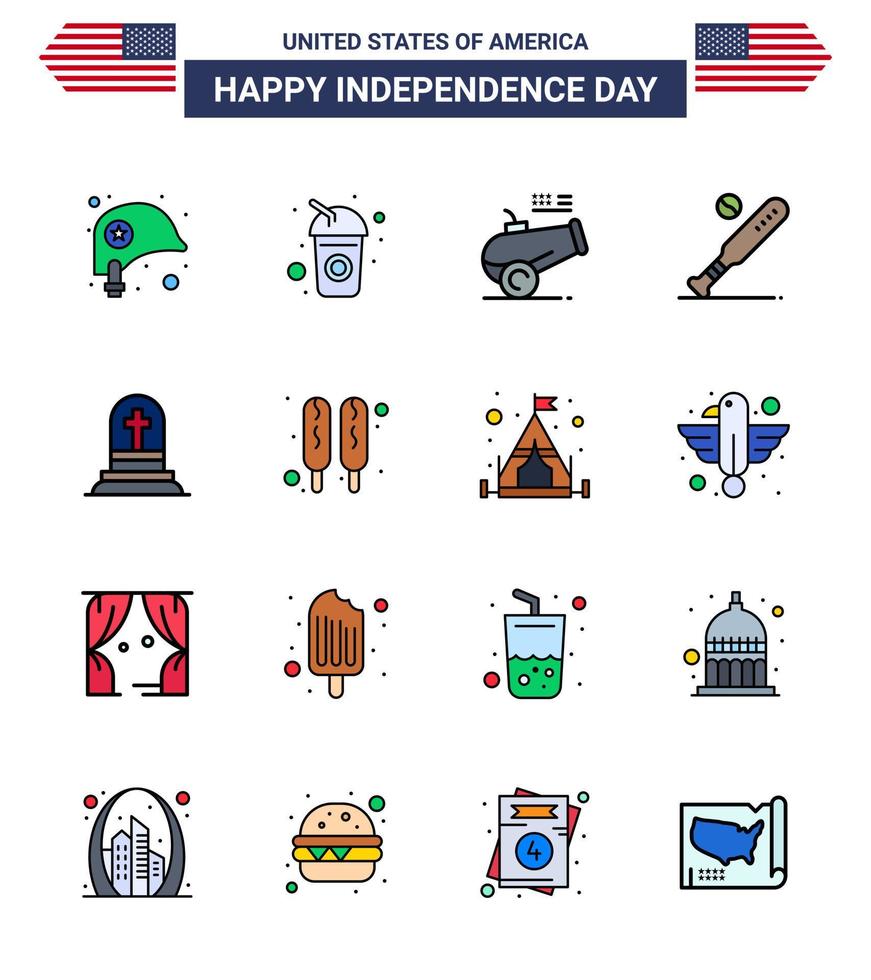 paquete de iconos de vector de stock de día americano 16 signos y símbolos de línea para deportes de muerte big gun bat ball elementos de diseño de vector de día de estados unidos editables