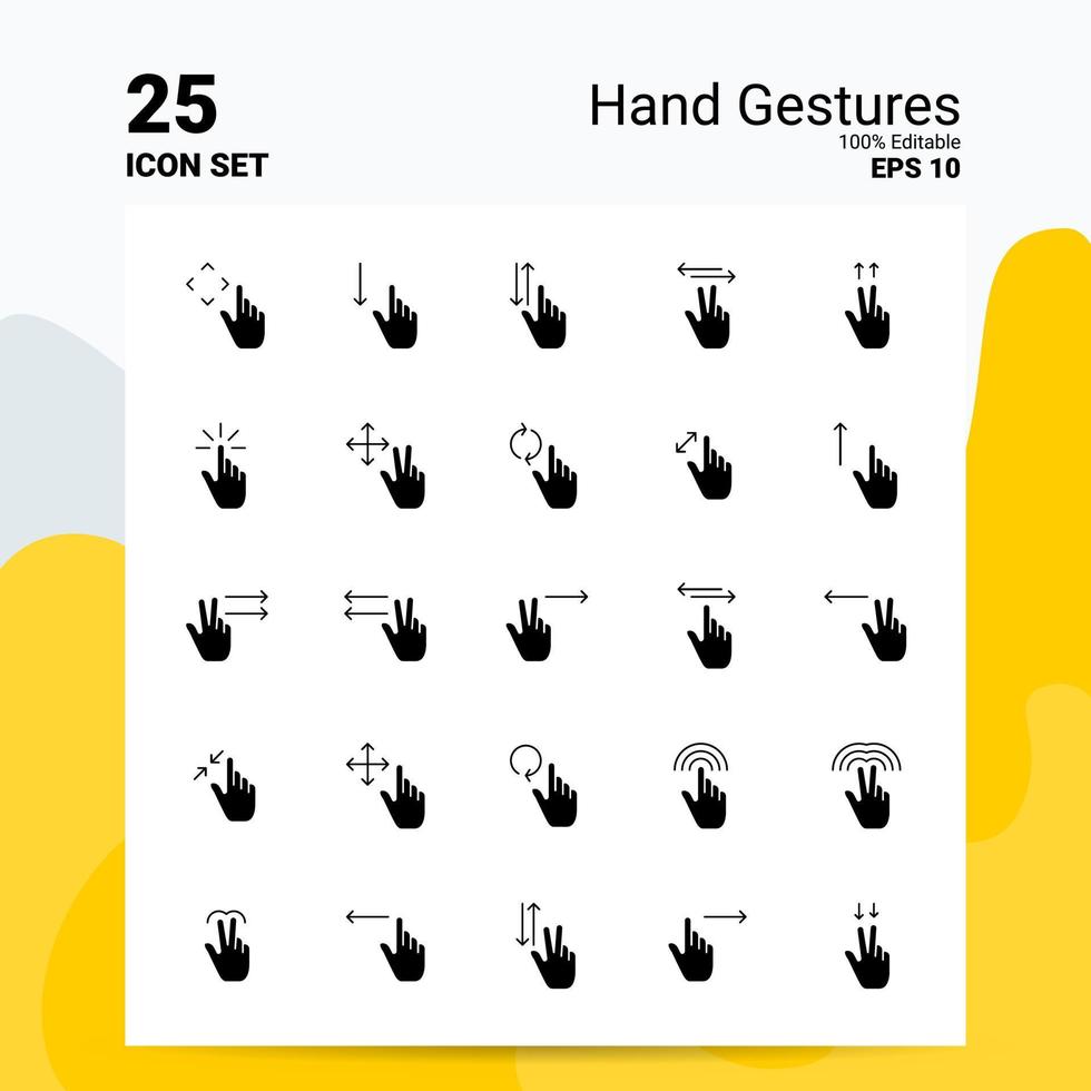 25 Hand Gestures Icon Set 100 Editable EPS 10 Files Business Logo Concept Ideas Solid Glyph icon design vector