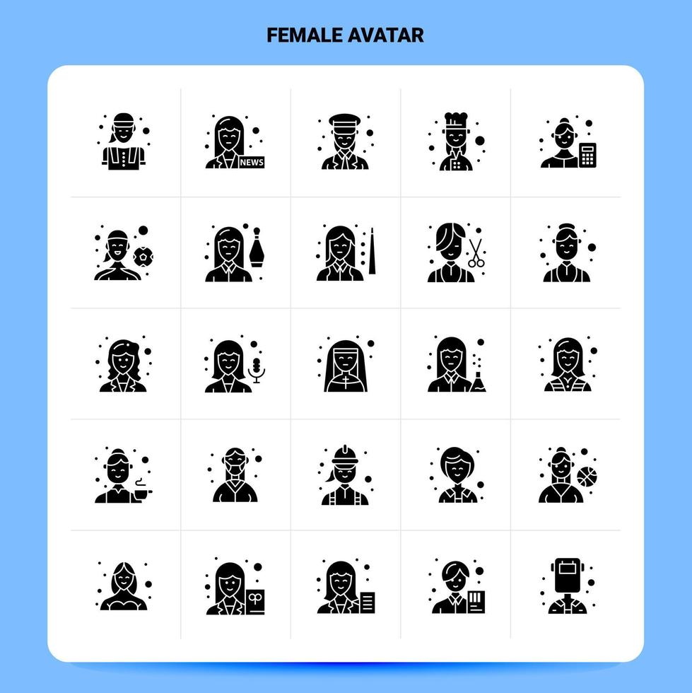 Solid 25 Female Avatar Icon set Vector Glyph Style Design Black Icons Set Web and Mobile Business ideas design Vector Illustration