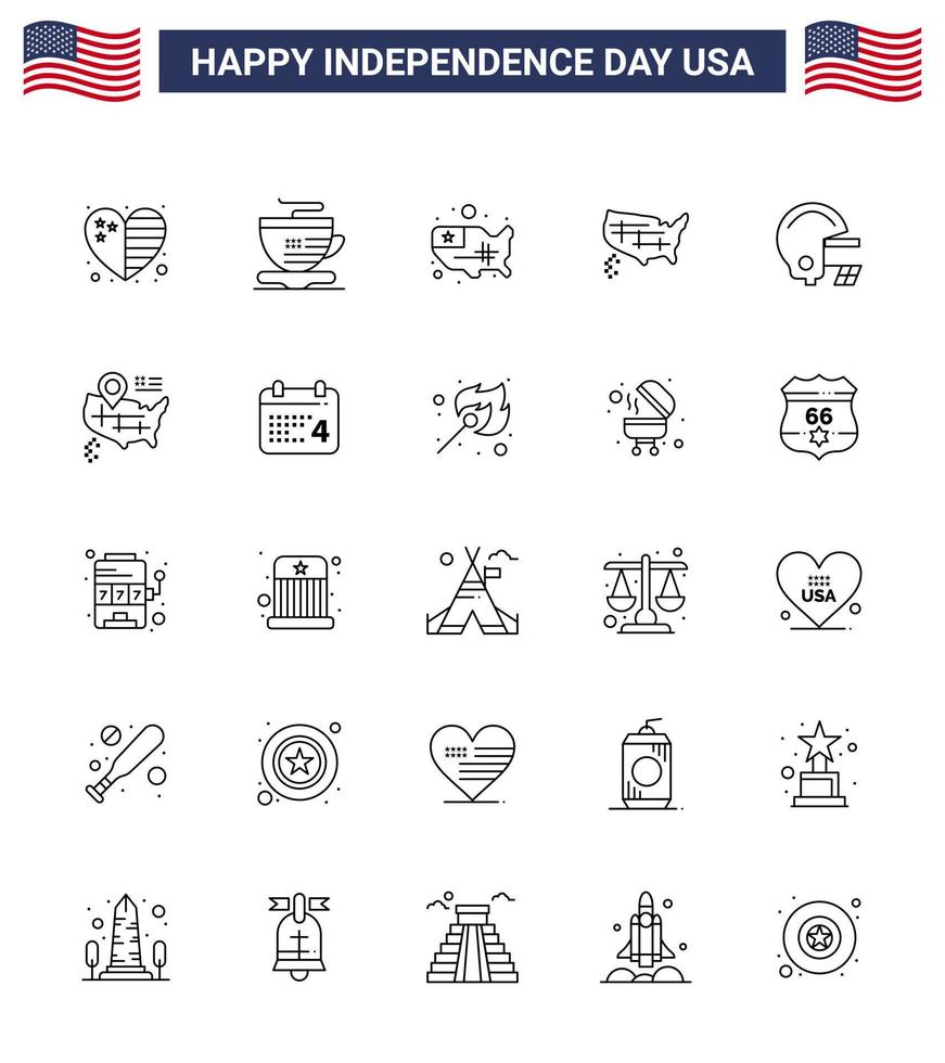 Set of 25 USA Day Icons American Symbols Independence Day Signs for calender map states location football Editable USA Day Vector Design Elements