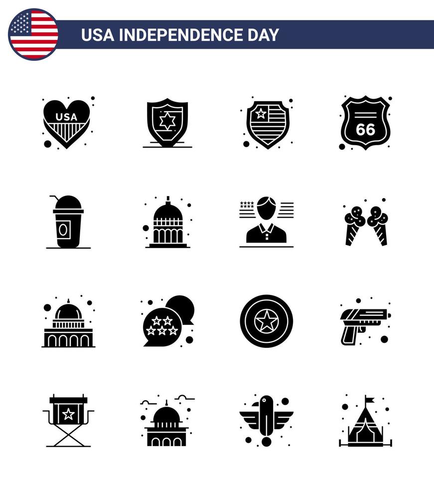 Group of 16 Solid Glyphs Set for Independence day of United States of America such as statehouse indiana shield states american Editable USA Day Vector Design Elements