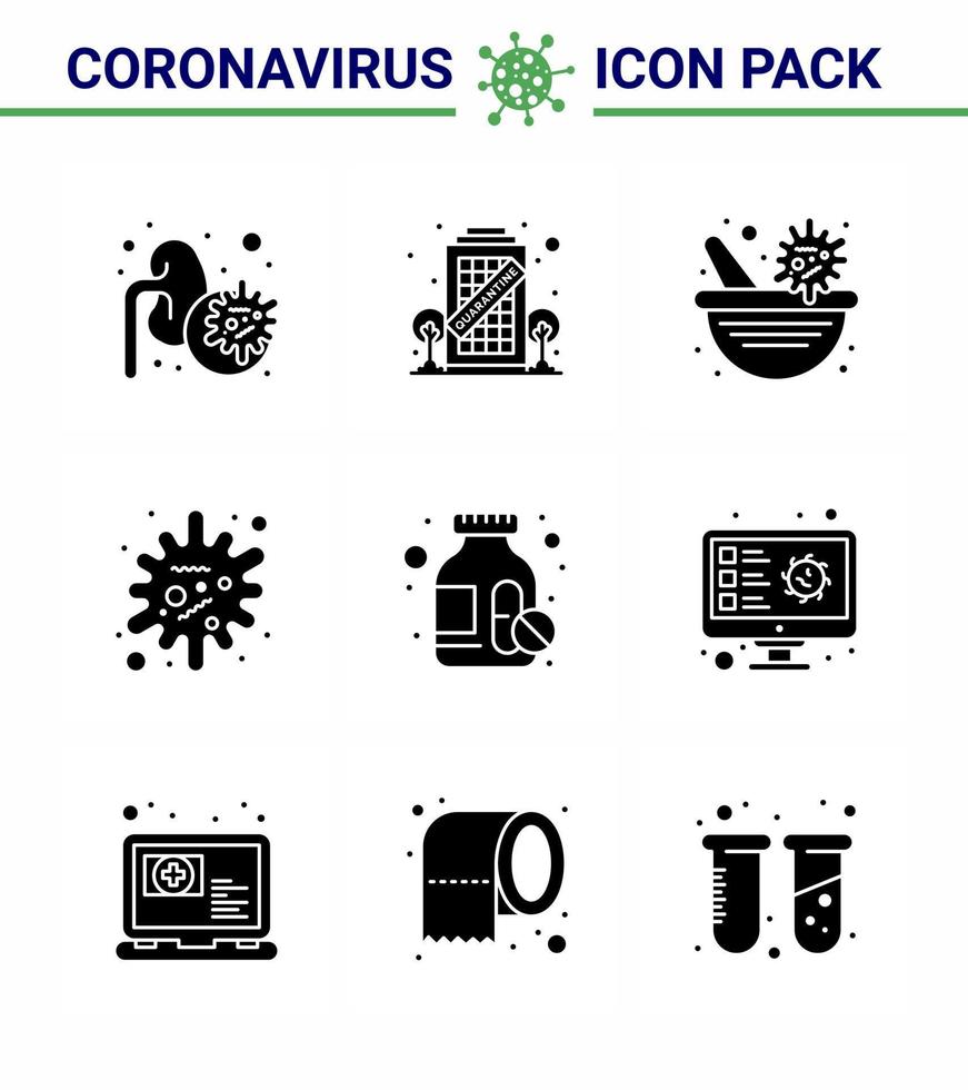 Coronavirus Prevention Set Icons 9 Solid Glyph Black icon such as medicine bottle infection medicine epidemic antigen viral coronavirus 2019nov disease Vector Design Elements