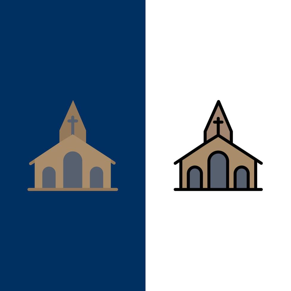 celebración de la iglesia cruz cristiana iconos de pascua planos y llenos de línea conjunto de iconos vector fondo azul