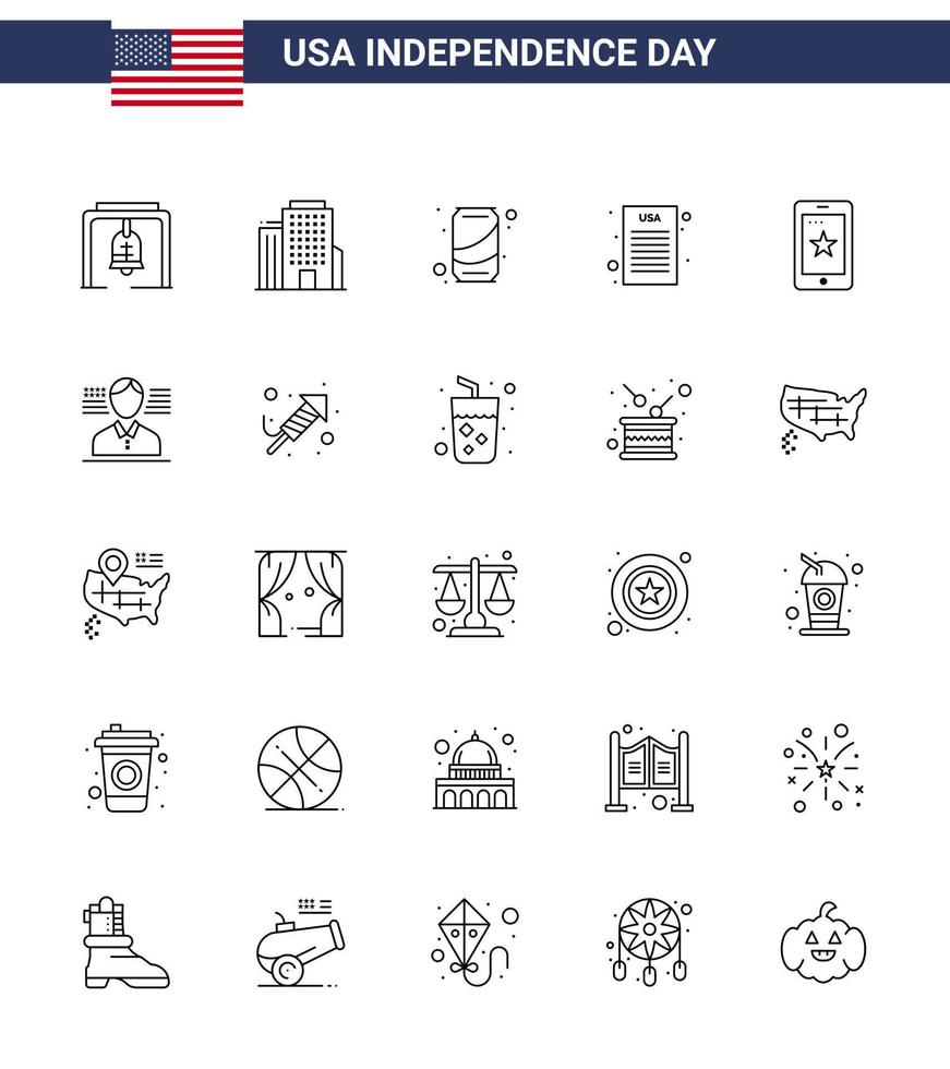Set of 25 Vector Lines on 4th July USA Independence Day such as ireland phone can mobile declaration of independence Editable USA Day Vector Design Elements