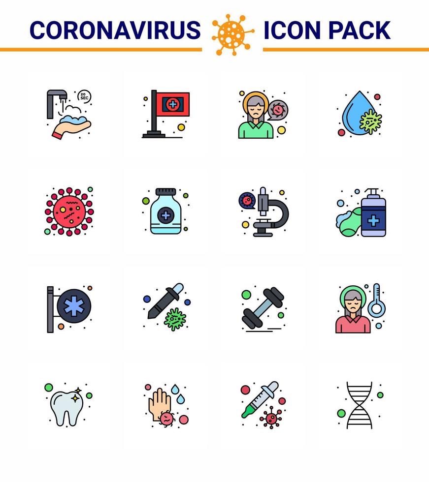 Paquete de iconos de corona de virus viral de línea llena de 16 colores planos, como plaquetas de coronavirus, dolor de cabeza, fiebre, coronavirus viral de sangre, elementos de diseño de vector de enfermedad 2019nov