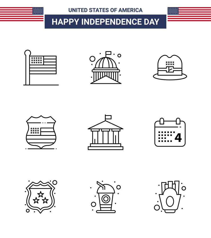 Set of 9 Vector Lines on 4th July USA Independence Day such as flag security white usa shield Editable USA Day Vector Design Elements