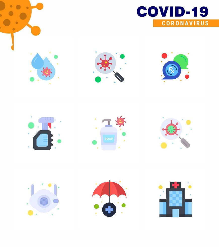 corona virus 2019 y 2020 epidemia 9 paquete de iconos de color plano, como mensaje de limpieza de escaneo sólido de botella coronavirus viral 2019nov elementos de diseño de vector de enfermedad