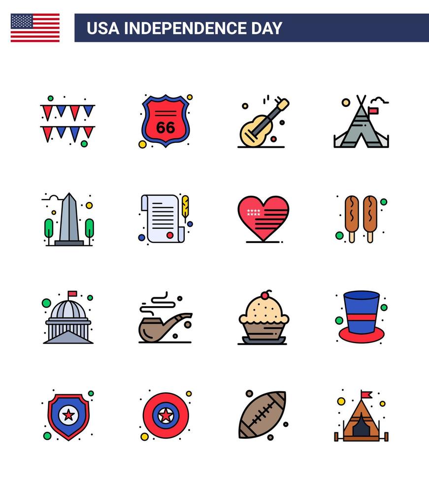 paquete de líneas vectoriales editables del día de EE. UU. 16 líneas de visión llenas planas simples música histórica carpa americana elementos de diseño vectorial editables del día de EE. UU. vector