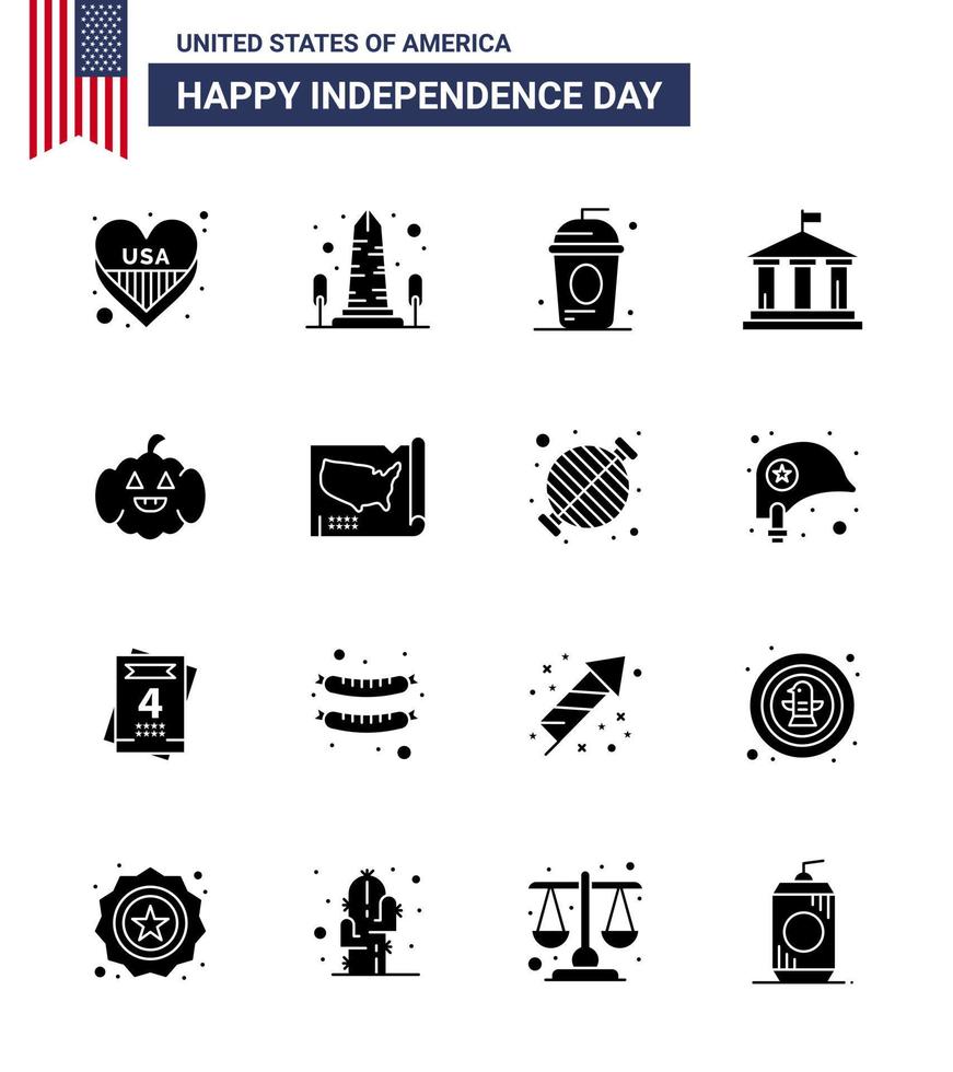 Set of 16 Vector Solid Glyphs on 4th July USA Independence Day such as usa flag washington bank holiday Editable USA Day Vector Design Elements