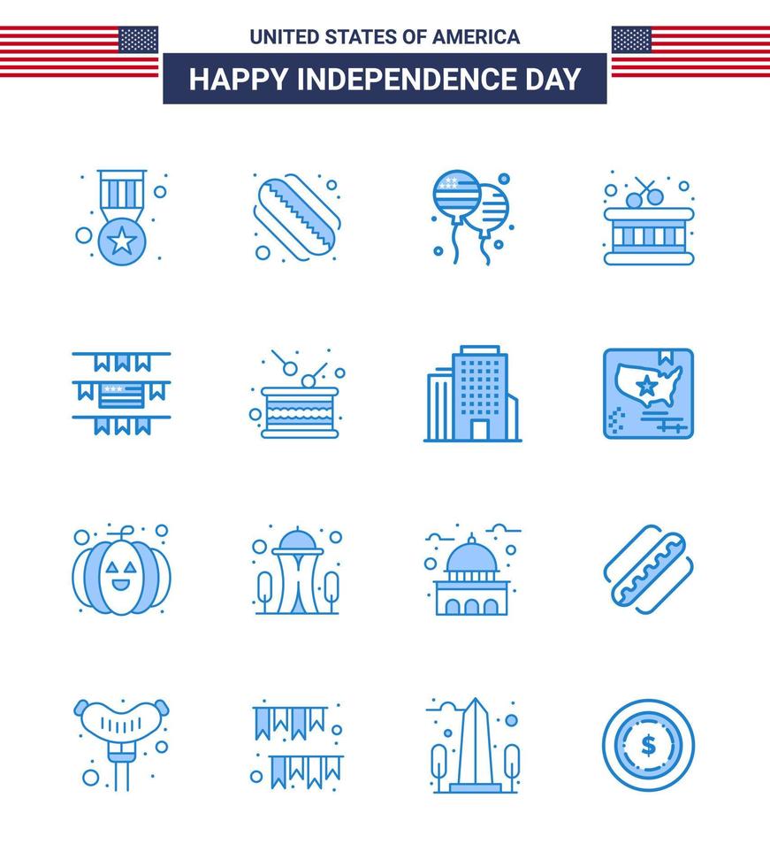 4th July USA Happy Independence Day Icon Symbols Group of 16 Modern Blues of day party decoration bloons buntings instrument Editable USA Day Vector Design Elements