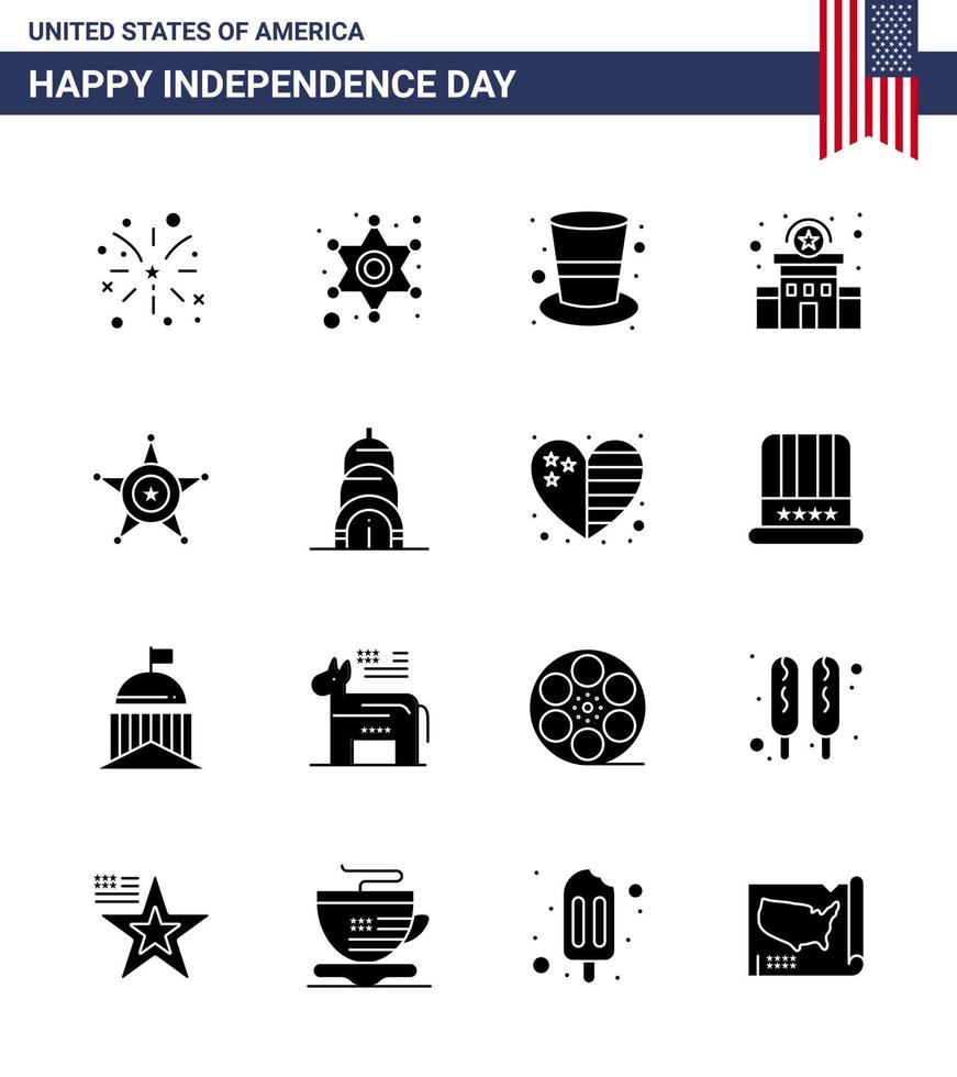 Editable Vector Solid Glyph Pack of USA Day 16 Simple Solid Glyphs of police police sign american station building Editable USA Day Vector Design Elements