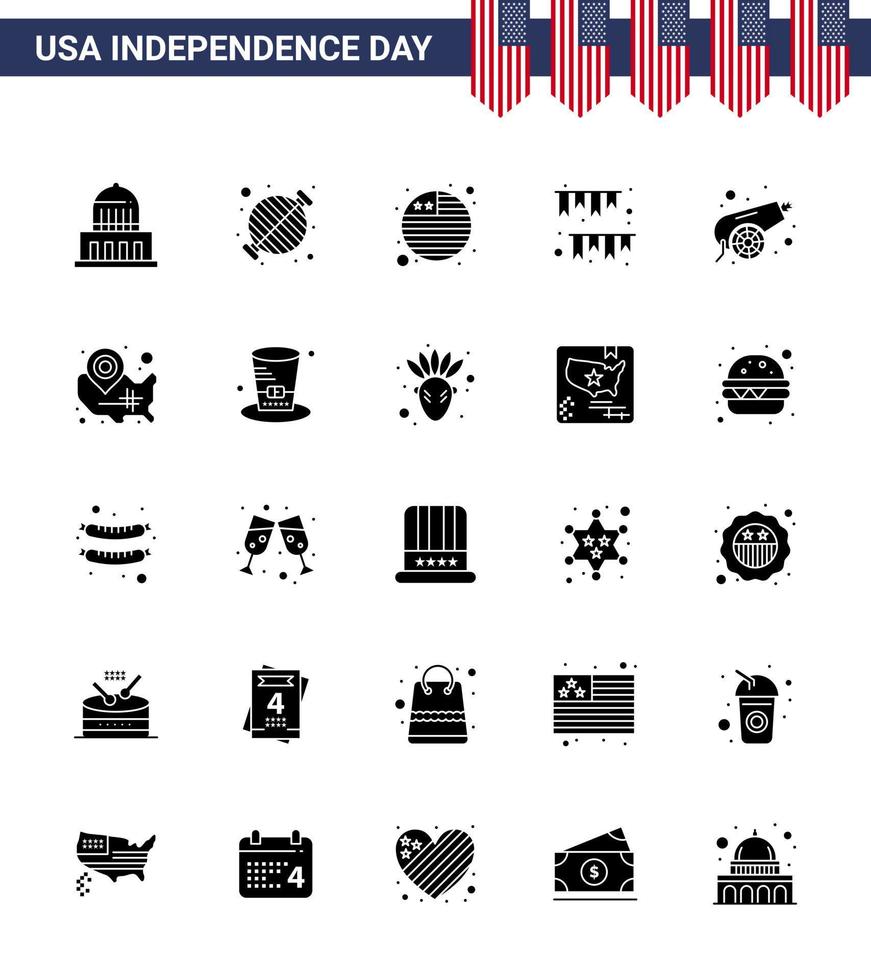 25 signos de glifo sólido para el día de la independencia de EE. UU. Decoración del ejército Empavesados de fiesta Día americano Elementos de diseño vectorial editables del día de EE. UU. vector