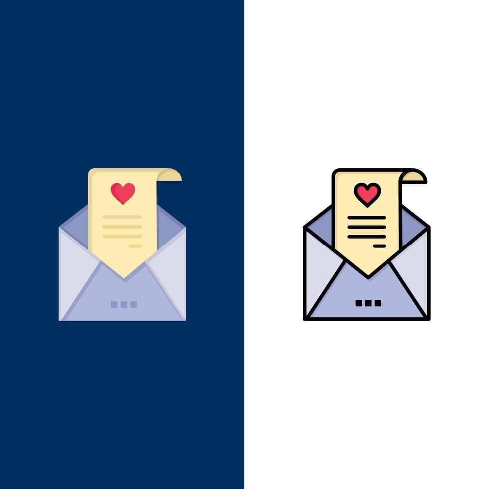 correo carta de amor propuesta boda tarjeta iconos plano y línea llena conjunto de iconos vector fondo azul