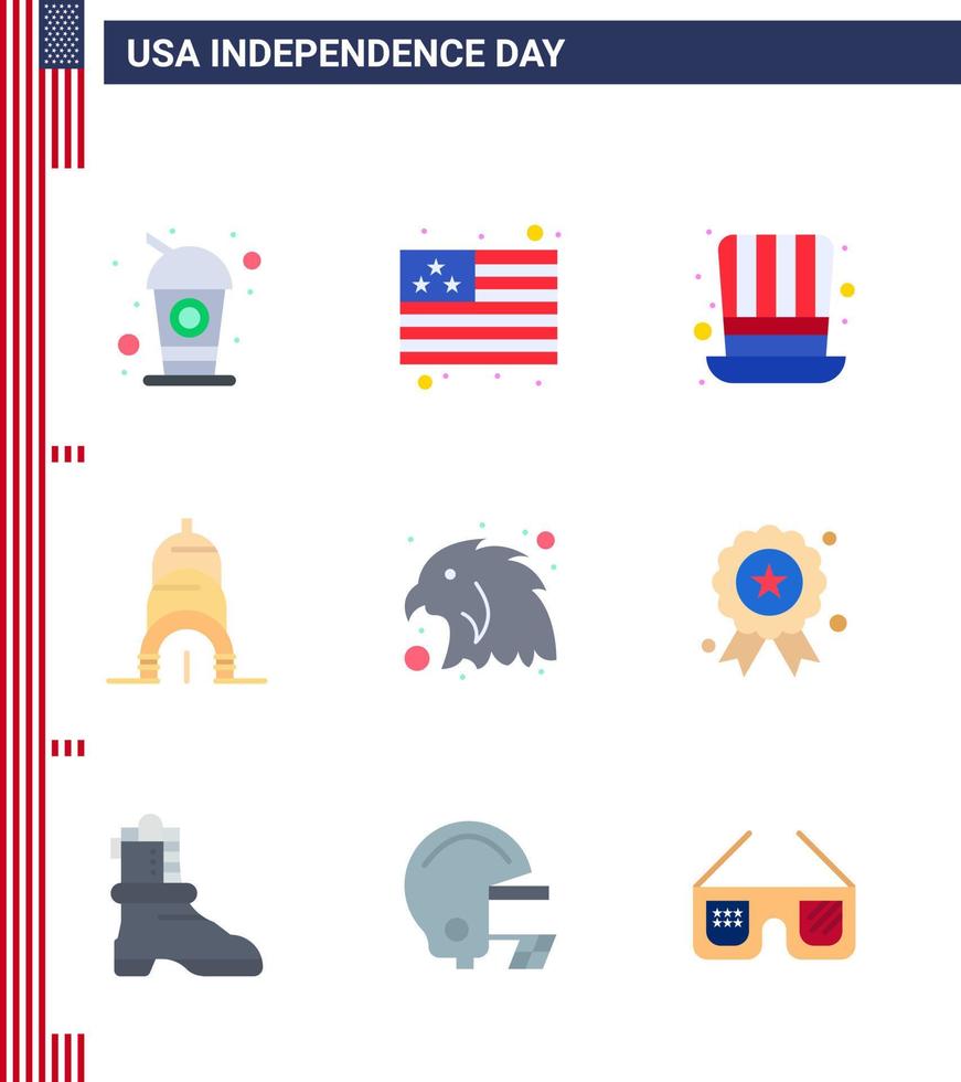 Happy Independence Day 9 Flats Icon Pack for Web and Print holiday bird hat animal building Editable USA Day Vector Design Elements