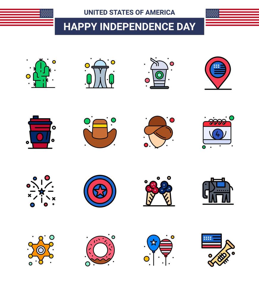 USA Happy Independence DayPictogram Set of 16 Simple Flat Filled Lines of drink sign bottle map american Editable USA Day Vector Design Elements