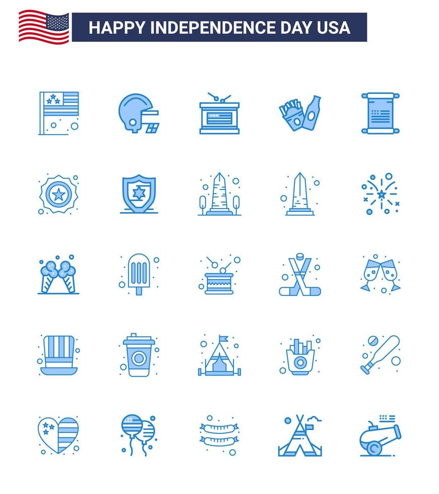 Stock Vector Icon Pack of American Day 25 Blue Signs and Symbols for usa text holiday scroll frise Editable USA Day Vector Design Elements