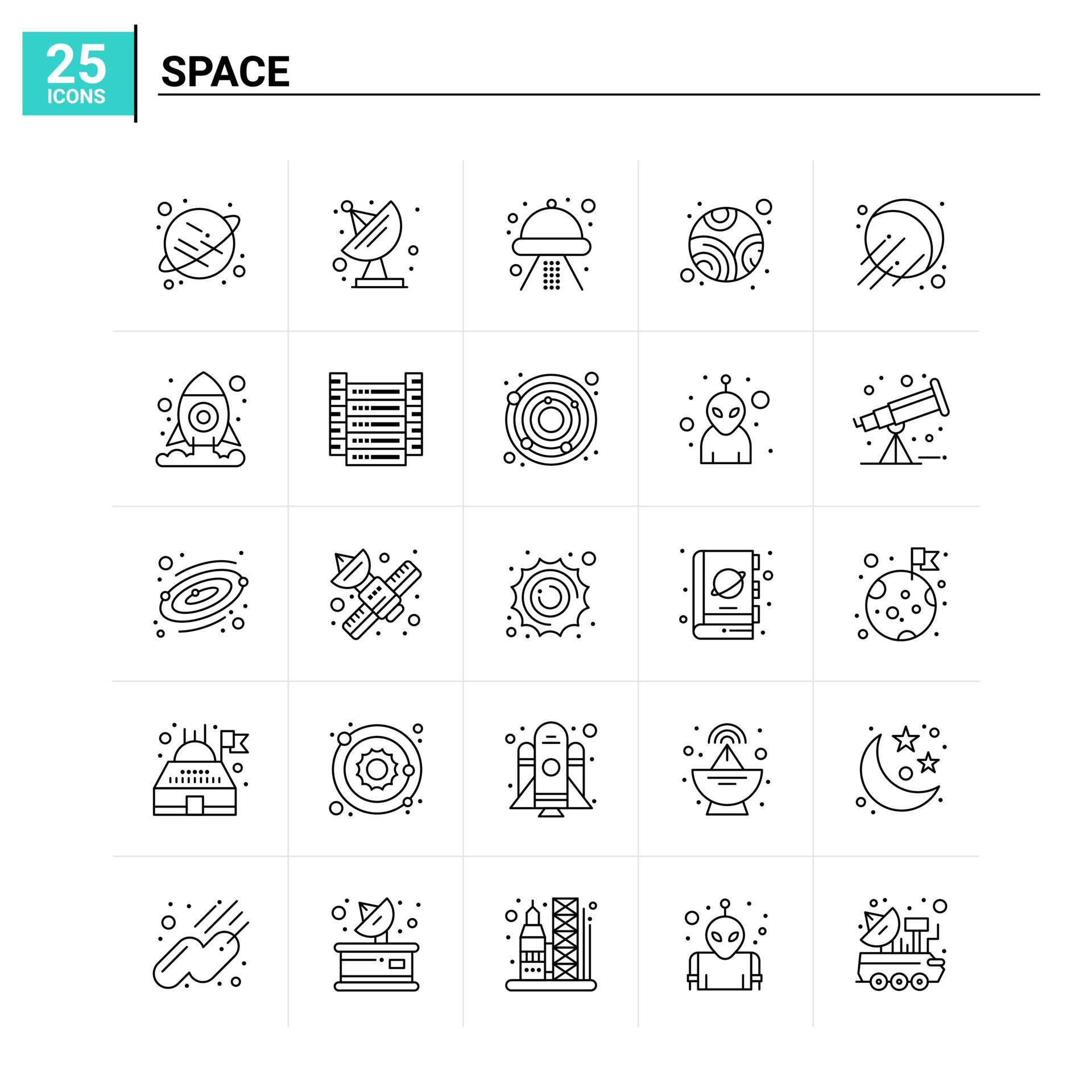 25 Space icon set vector background 19097087 Vector Art at Vecteezy