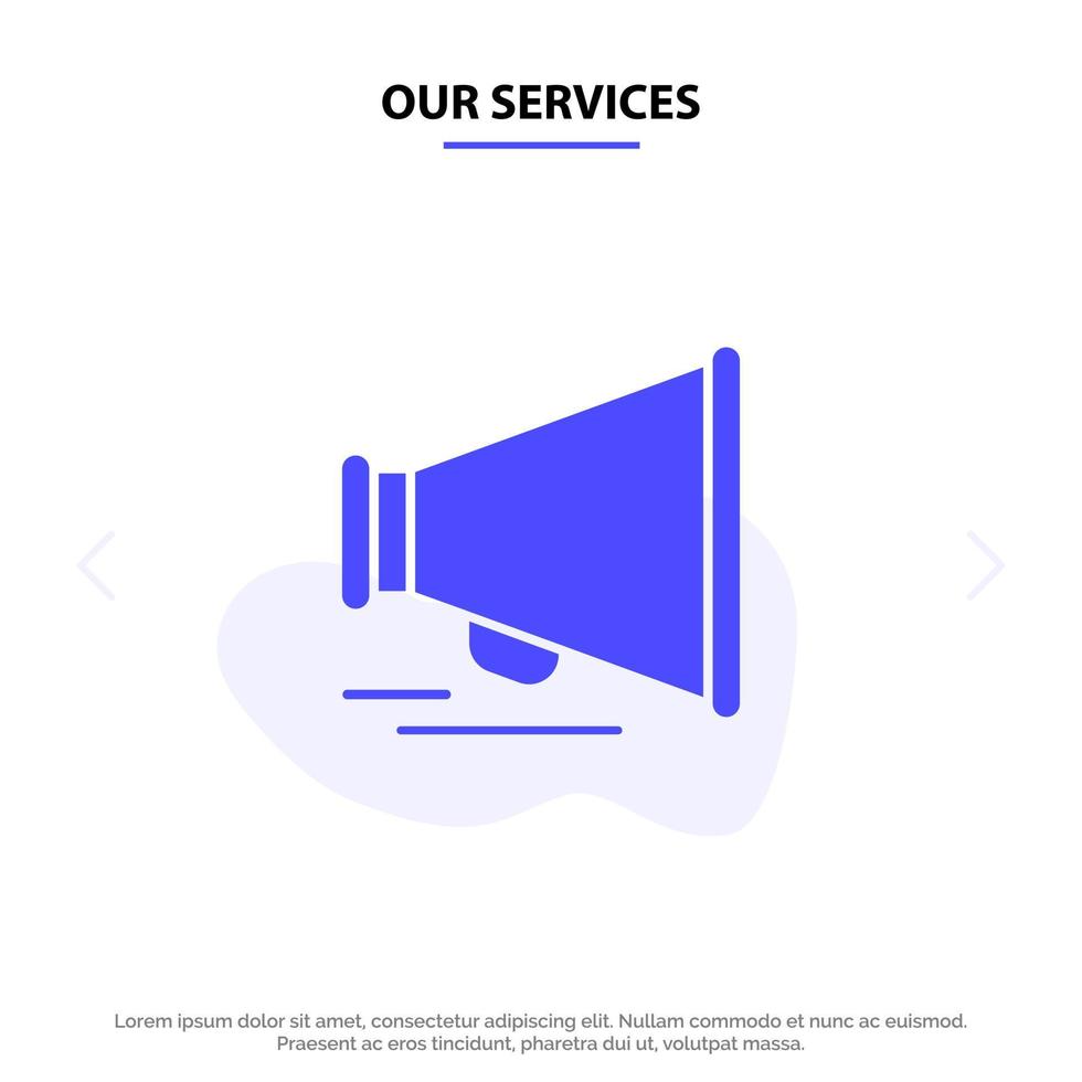 nuestros servicios orador alabanza motivación icono de glifo sólido plantilla de tarjeta web vector