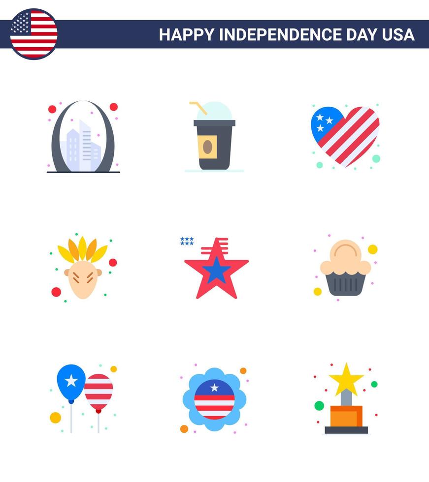 Modern Set of 9 Flats and symbols on USA Independence Day such as american thanksgiving states native american love Editable USA Day Vector Design Elements