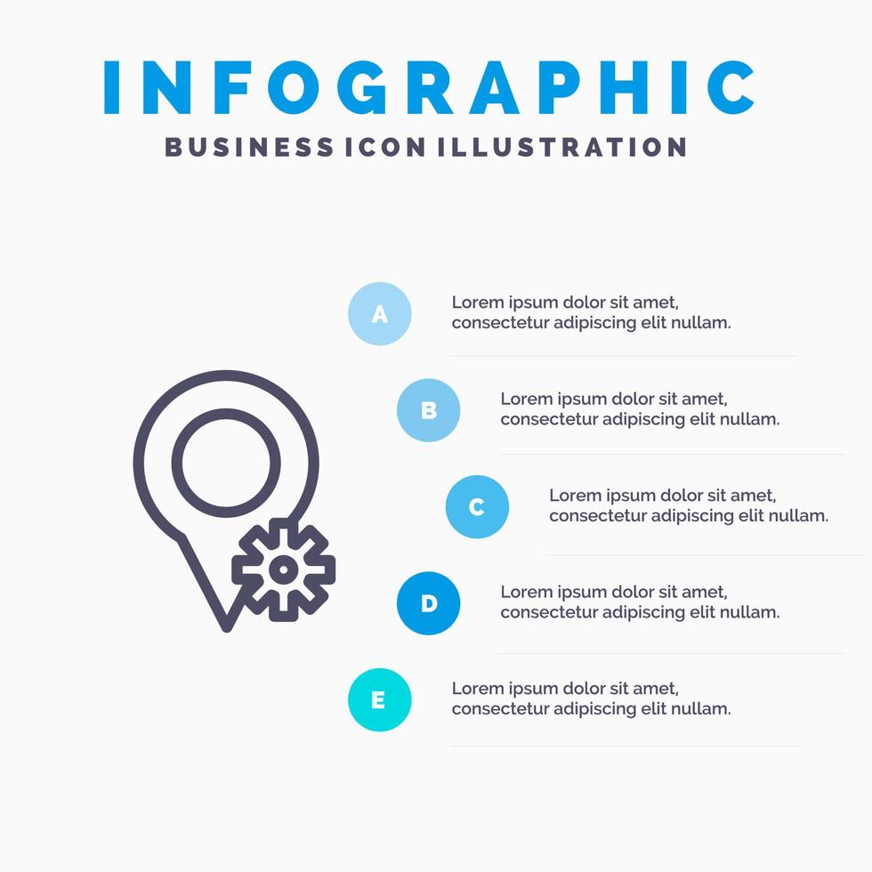 icono de línea de configuración de mapa de ubicación con fondo de infografía de presentación de 5 pasos vector