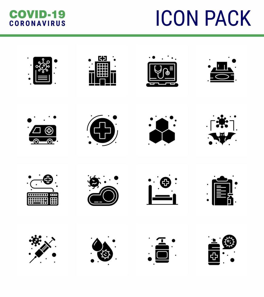 covid19 protección coronavirus pendamic 16 conjunto de iconos negros de glifo sólido como ambulancia de hospital caja de pañuelos médicos servilleta coronavirus viral 2019nov elementos de diseño de vectores de enfermedad