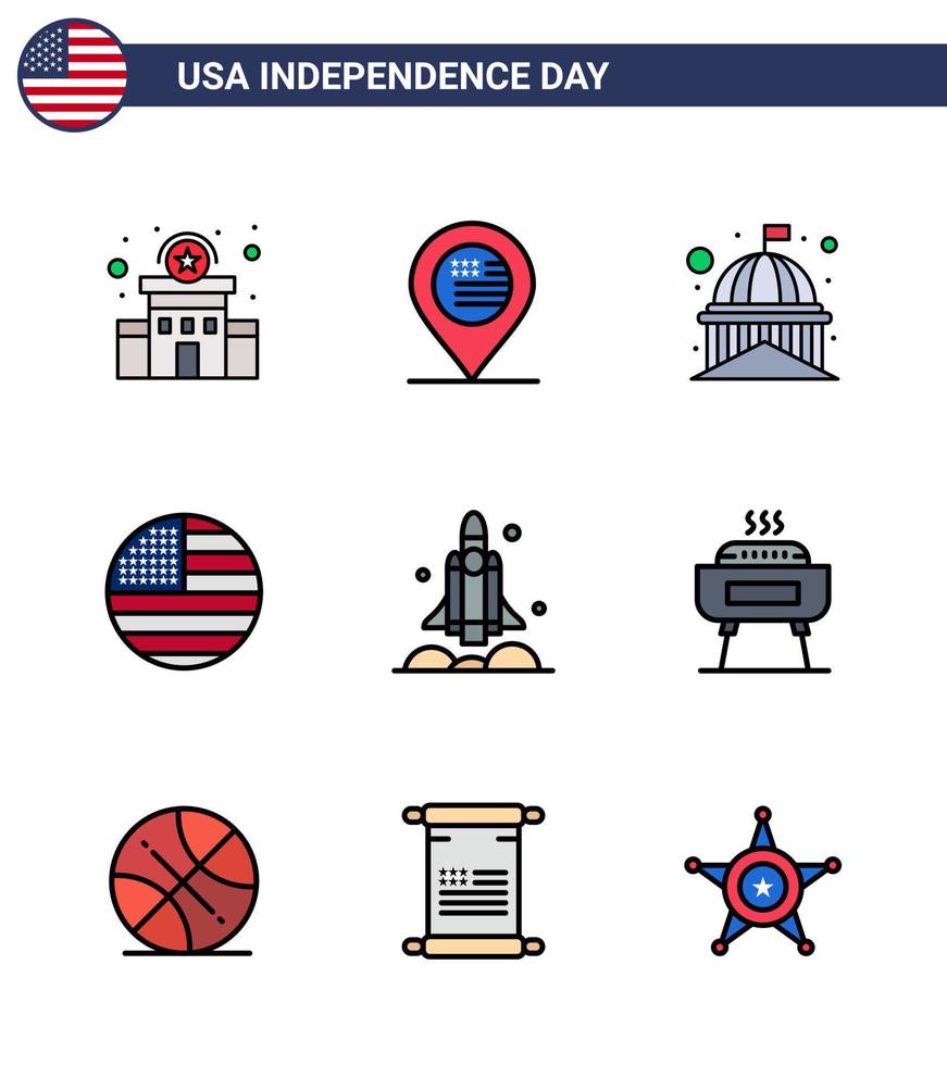 9 Flat Filled Line Signs for USA Independence Day launcher thanksgiving building flag white Editable USA Day Vector Design Elements