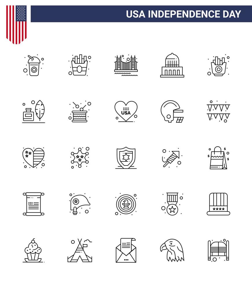 Big Pack of 25 USA Happy Independence Day USA Vector Lines and Editable Symbols of fast landmark gate city usa Editable USA Day Vector Design Elements