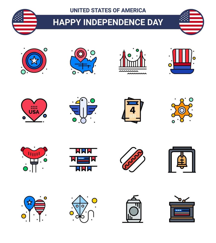 Set of 16 Modern Flat Filled Lines pack on USA Independence Day usa hat location pin day landmark Editable USA Day Vector Design Elements