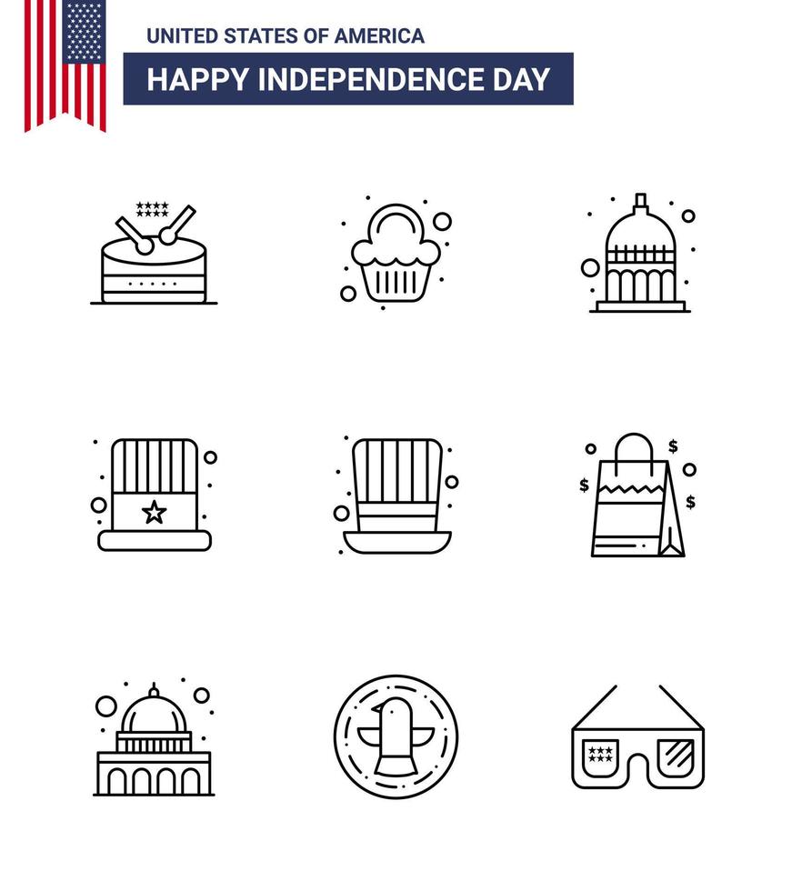 9 USA Line Pack of Independence Day Signs and Symbols of hat usa indiana hat american Editable USA Day Vector Design Elements