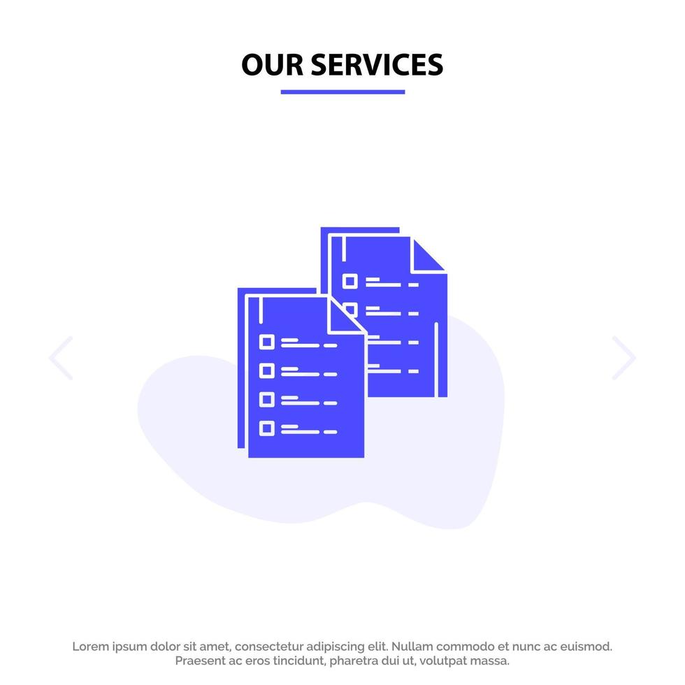 Our Services Document Analytics Data Copy Paper Resume Solid Glyph Icon Web card Template vector